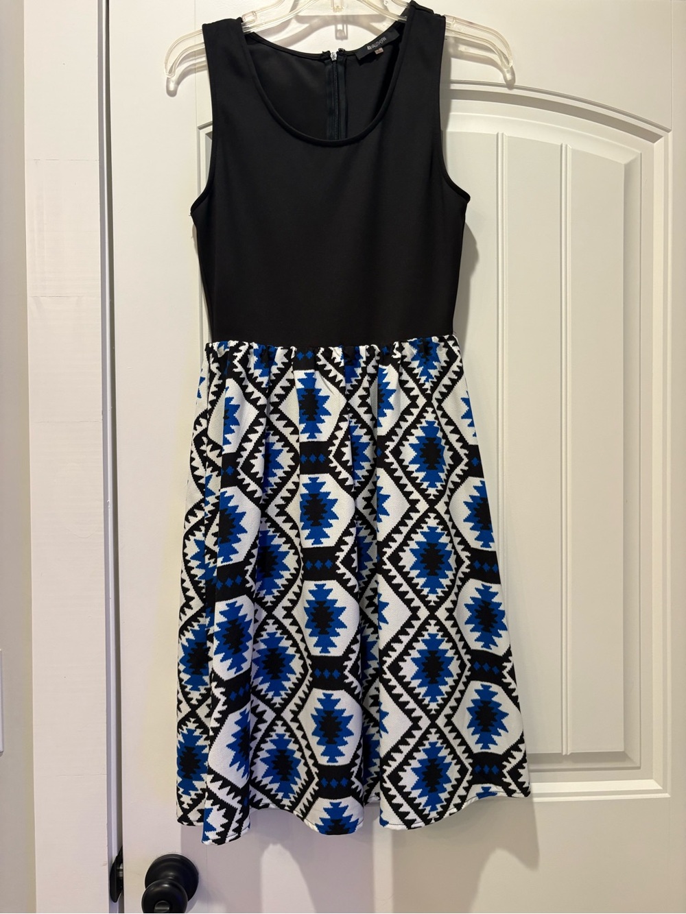 41 Hawthorn Black Tank Dress with Blue and White Geometric Skirt